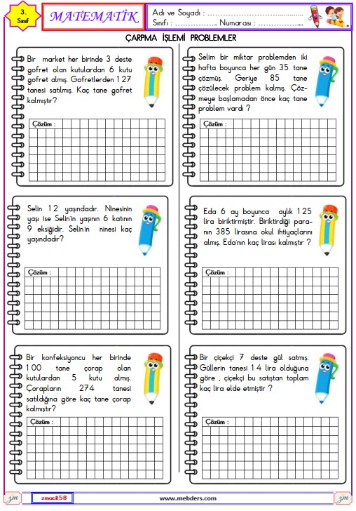 3. Sınıf Matematik Çarpma İşlemi Problemleri Etkinliği 5