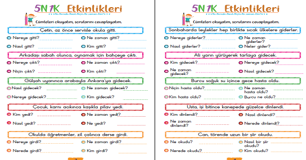 2. Sınıf Türkçe 5N 1K Çalışmaları 6 Sayfa