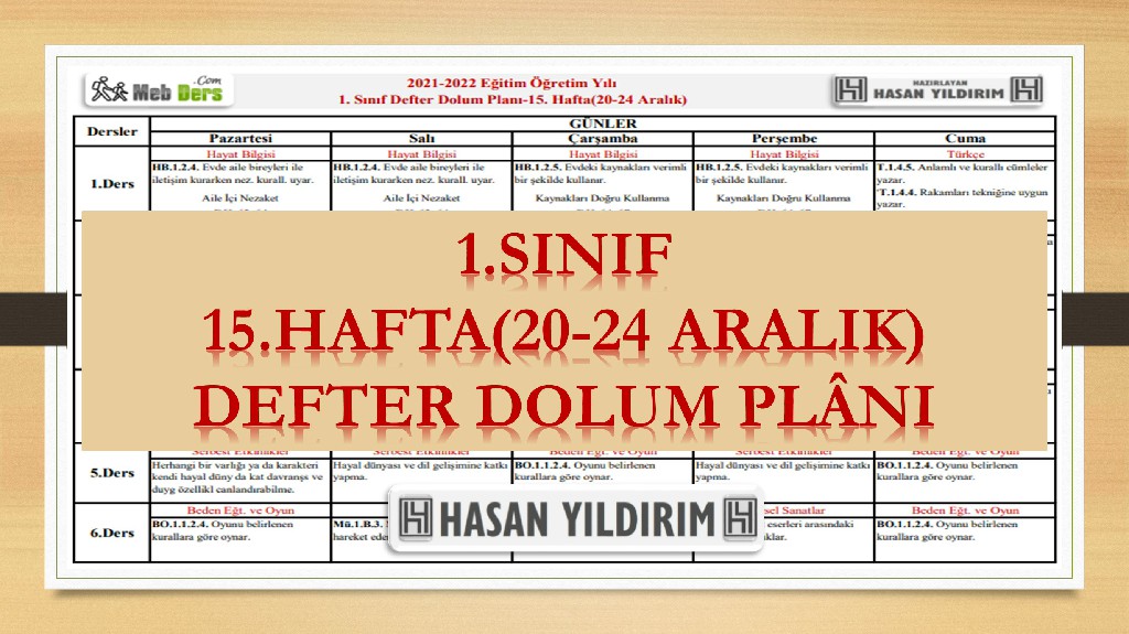 1. Sınıf 15.Hafta(20-24 Aralık) Defter Dolum Planı
