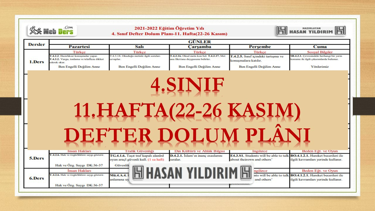 4. Sınıf 11.Hafta(22-26 Kasım) Defter Dolum Planı