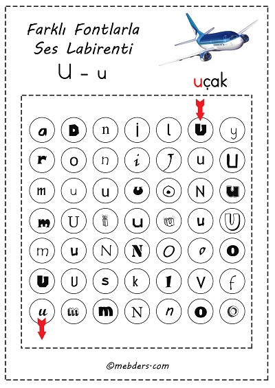 Farklı fontlarla ses labirenti - u sesi
