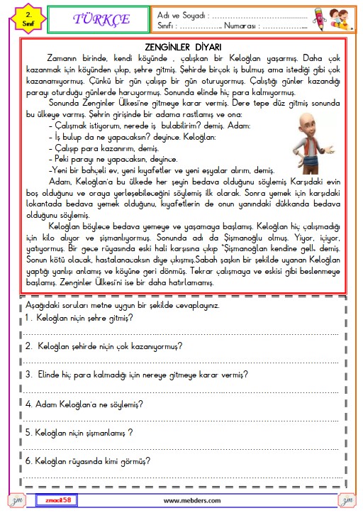 2. Sınıf Türkçe Okuma ve Anlama Metni Etkinliği 6 (Zenginler Diyarı )