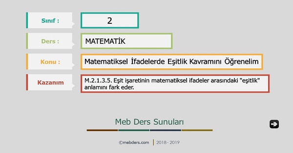 2. Sınıf Matematik Matematiksel İfadelerde Eşitlik Kavramı Sunusu