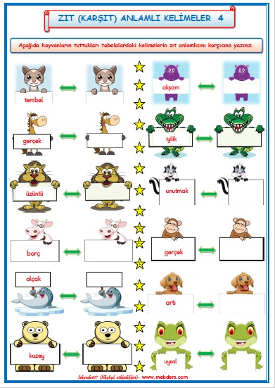 1. Sınıf Türkçe Zıt (Karşıt) Anlamlı Kelimeler Etkinlik Çalışması 4