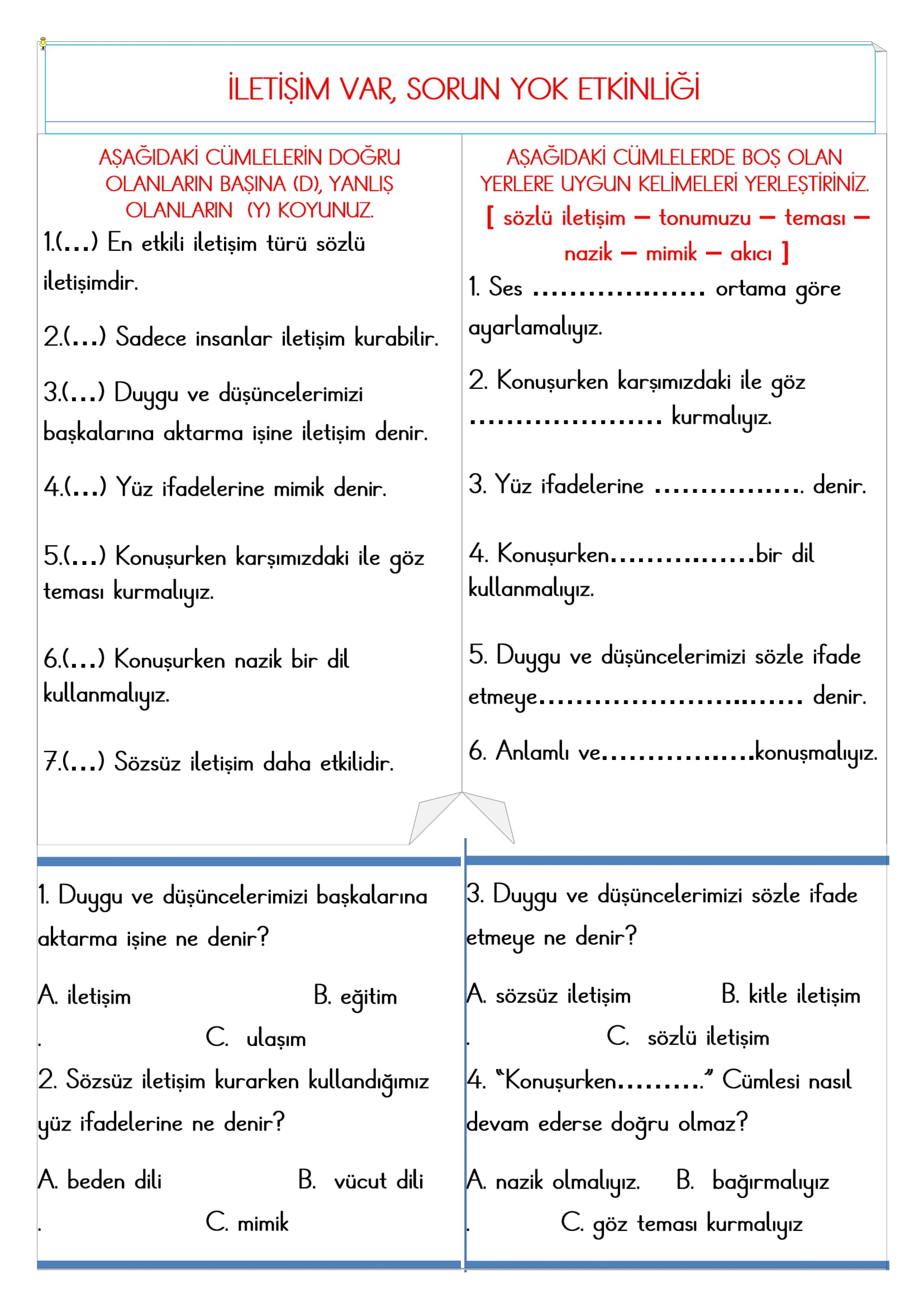 2. Sınıf - Hayat Bilgisi İletişim Var, Sorun Yok Etkinliği