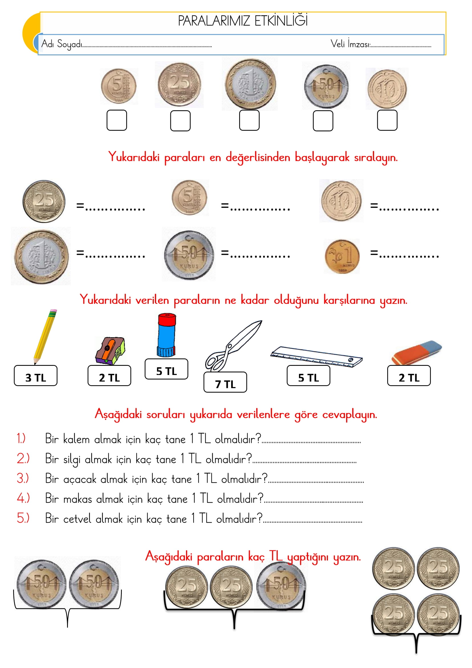 1. Sınıf Matematik Paralarımız Etkinliği