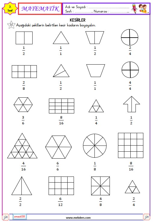 3. Sınıf Matematik Bütün , Yarım ve Çeyrek  Etkinliği 3