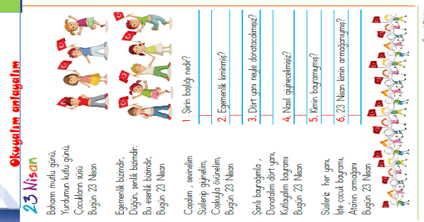 1. Sınıf Türkçe Okuyalım-Anlayalım-Cevaplayalım (23 Nisan) Şiiri