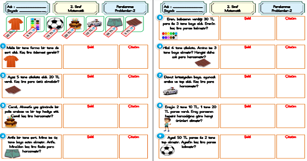 2. Sınıf Matematik Paralarımız Problemler-2