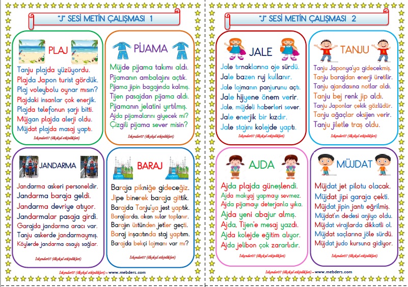 1. Sınıf J-j Sesi Metin Çalışması (4 Sayfa - 8 Farklı Metin)