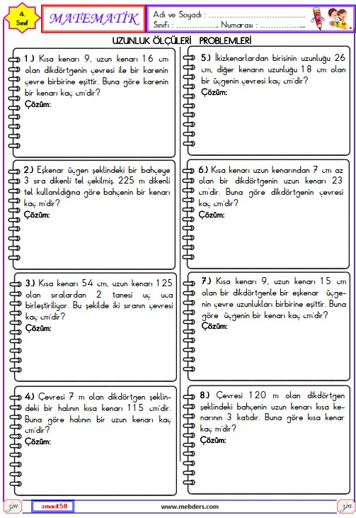 4. Sınıf Matematik Çevre ile İlgili Problemler Etkinliği 4