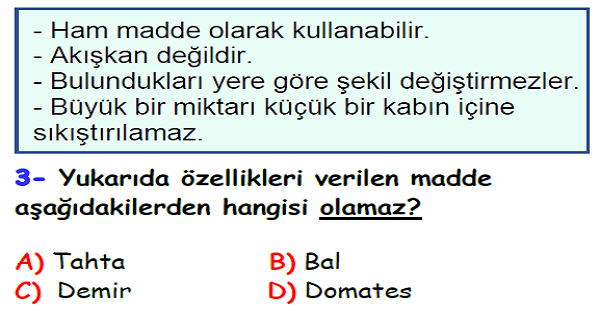 4. Sınıf Fen Bilimleri Maddenin Özellikleri Ünitesi Yaprak Test-3