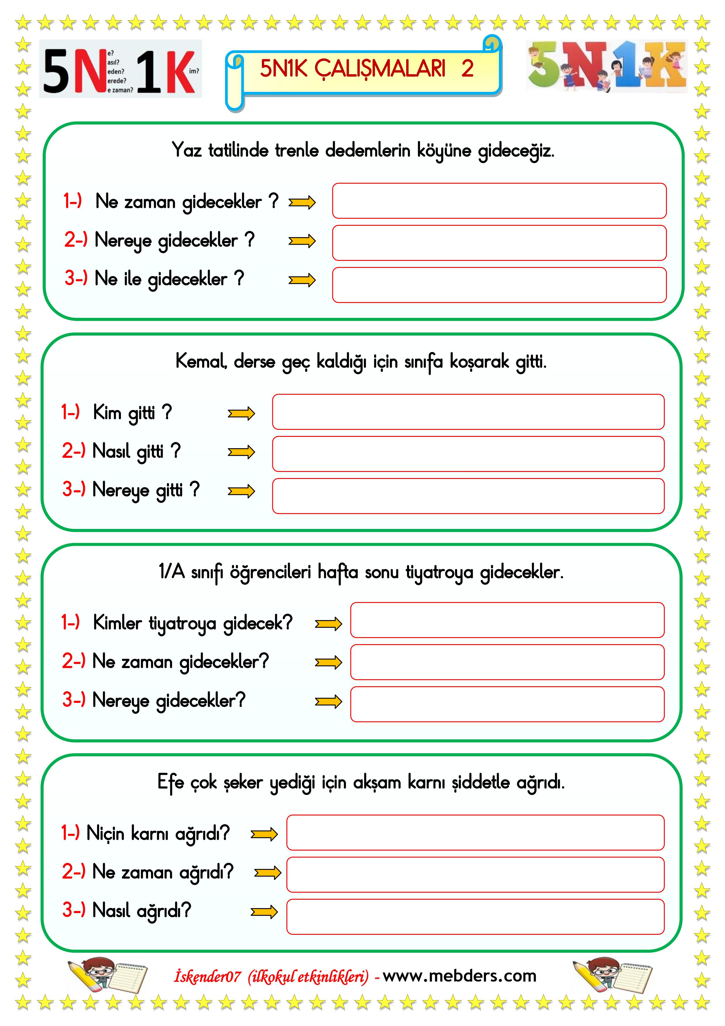 1. Sınıf Türkçe 5N1K Çalışması 2