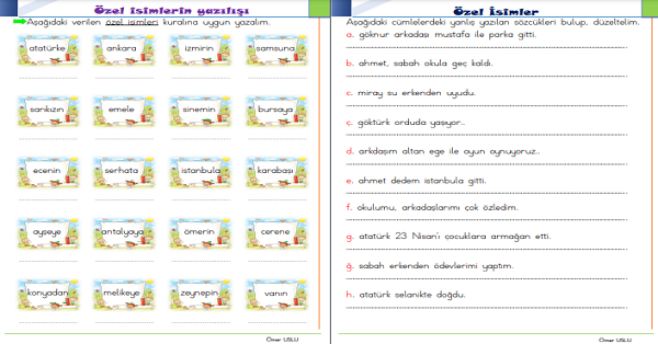 1. Sınıf Türkçe Özel İsimler ve Yazılışları Etkinliği 2