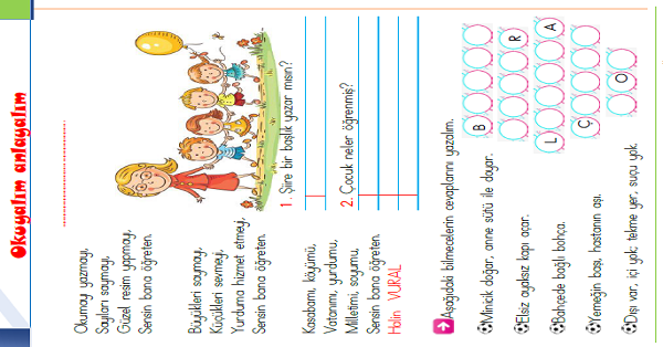 1. Sınıf Türkçe Okuyalım-Anlayalım-Cevaplayalım (Öğretmenim) Şiiri