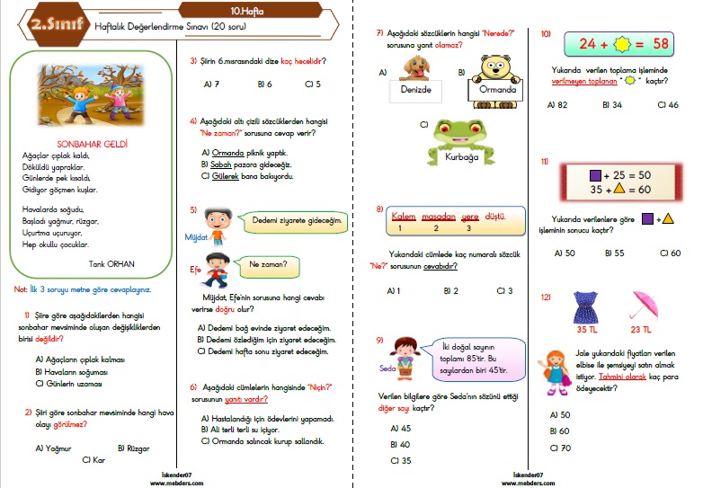 2. Sınıf Haftalık Değerlendirme Testi - 10.Hafta (21-25 Kasım)