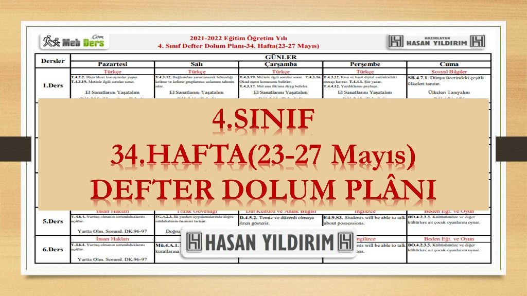 4. Sınıf 34.Hafta(23-27 Mayıs) Defter Dolum Planı
