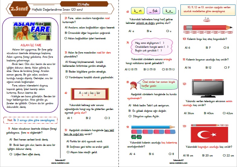 2. Sınıf Haftalık Değerlendirme Testi - 35.Hafta (30 Mayıs-03 Haziran)