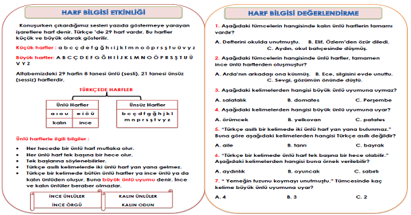 3. Sınıf Türkçe Harf Bilgisi Konu ve Testi