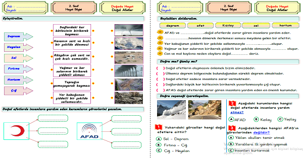 2. Sınıf Hayat Bilgisi Doğal Afetleri Tanıyalım Etkinliği