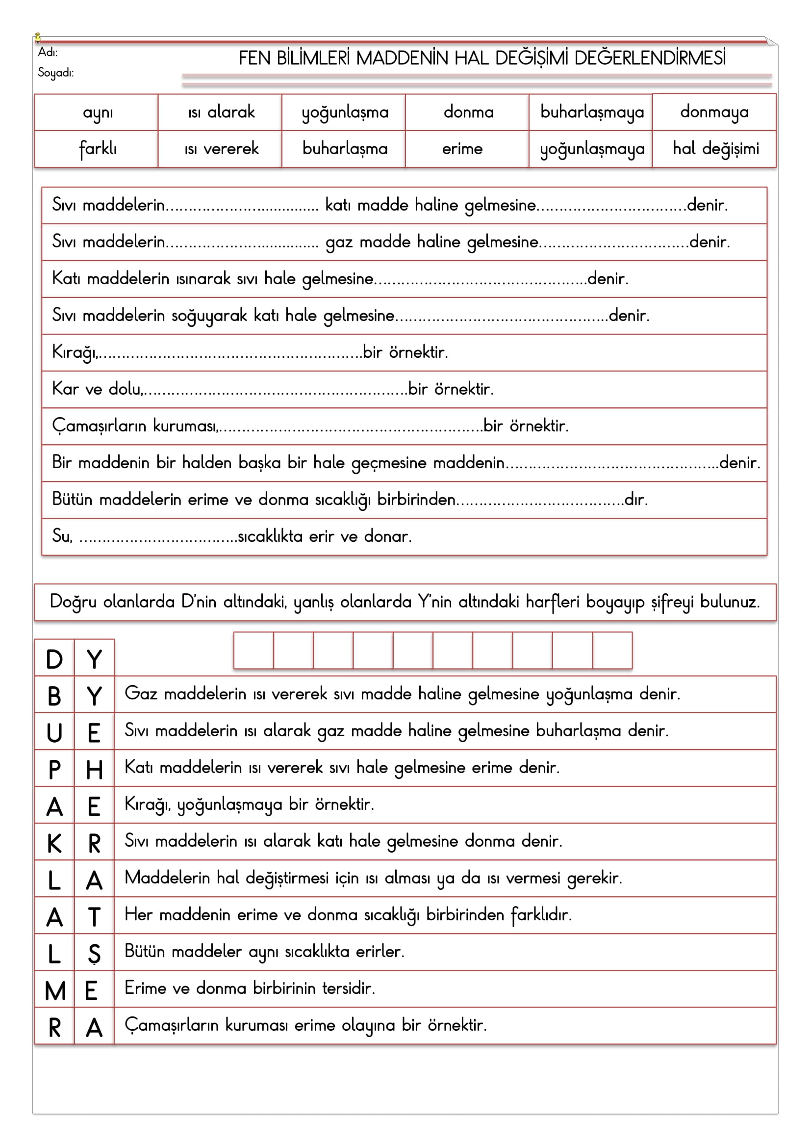 4. Sınıf Fen Bilimleri Maddenin Hal Değişimi Değerlendirmesi