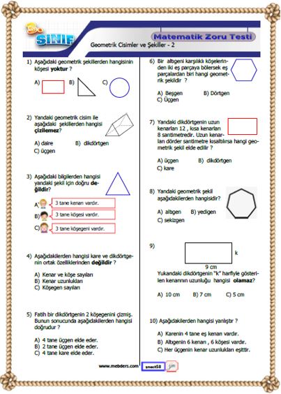 3. Sınıf Matematik Geometrik Cisimler ve Şekiller Kazanım Testi