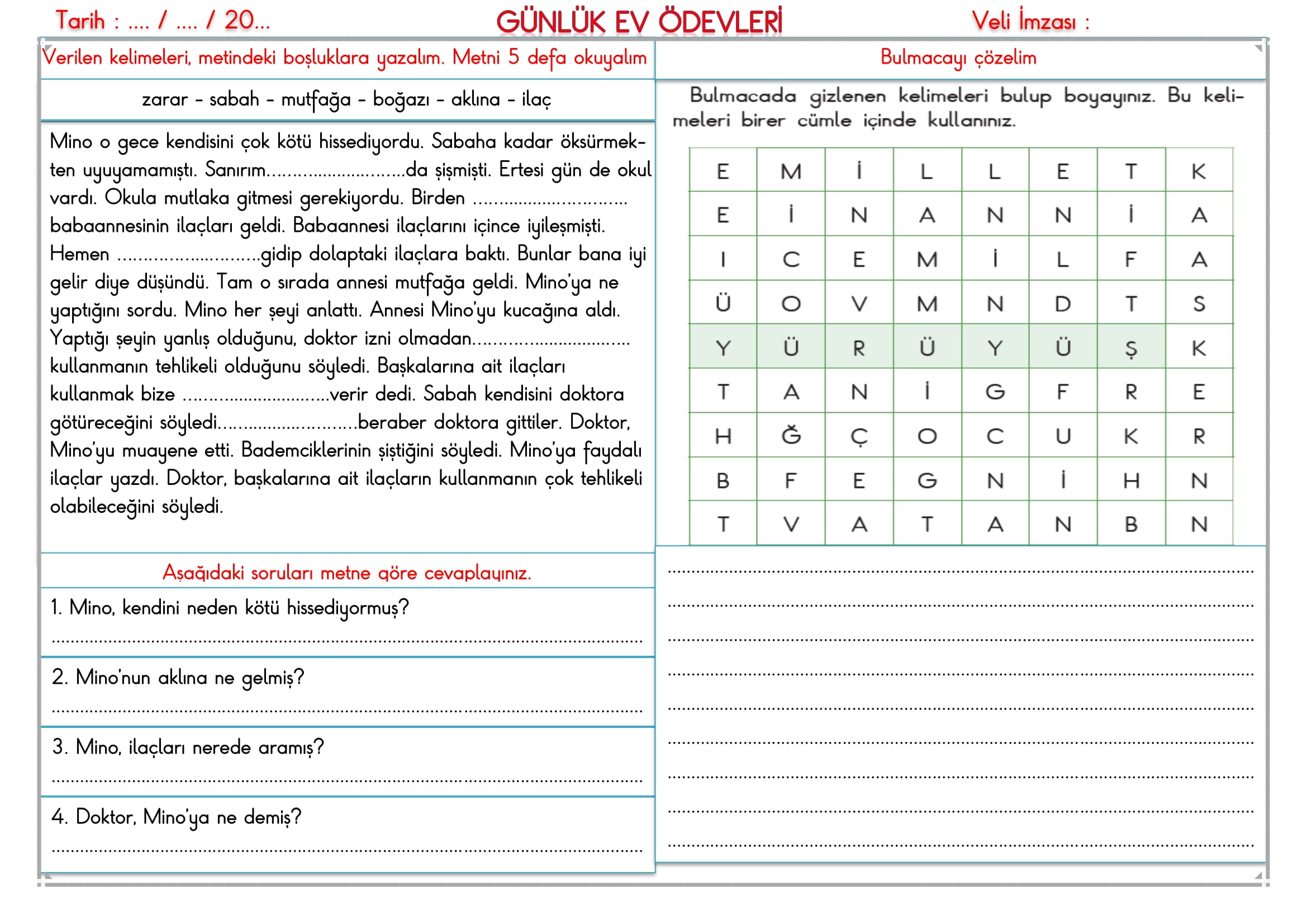 2. Sınıf 20 Şubat 2025 Günlük Ev Ödevi