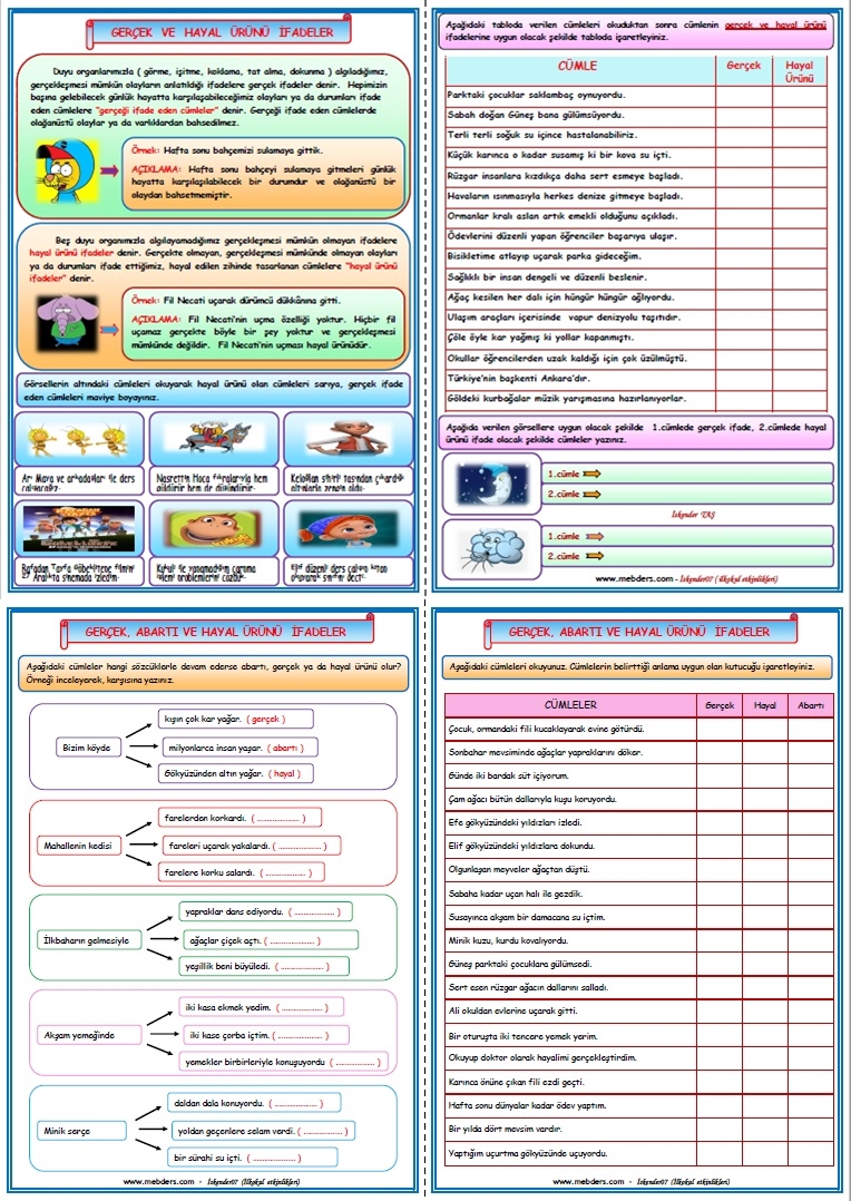 2. Sınıf Türkçe Hayal ve Gerçek Ürünü İfadeler Etkinlik Çalışması