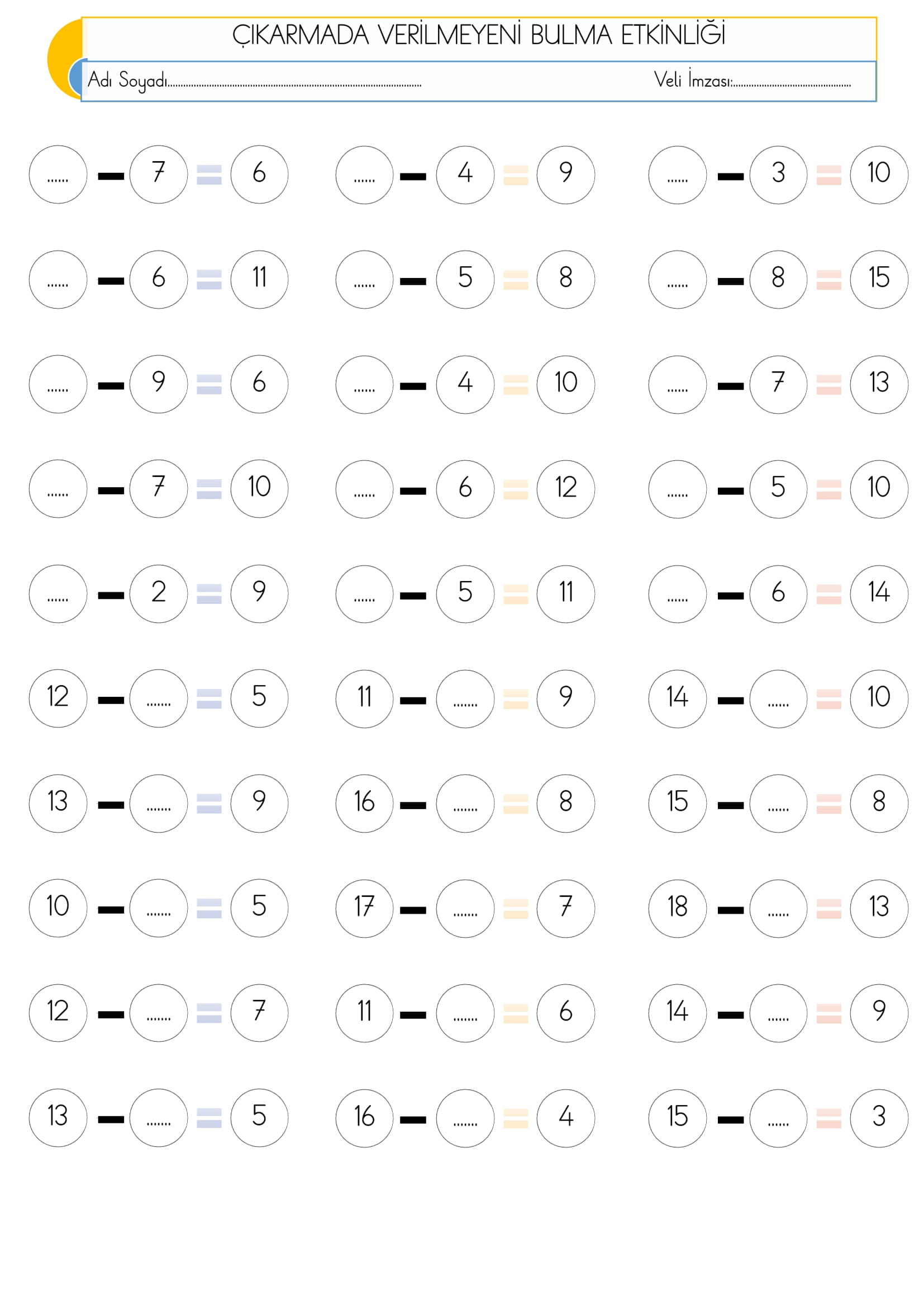 1. Sınıf Matematik Çıkarmada Verilmeyeni Bulma Etkinliği-2