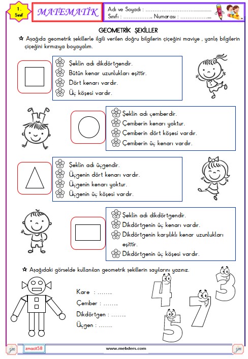 1. Sınıf Matematik Geometrik Şekiller Etkinliği 19