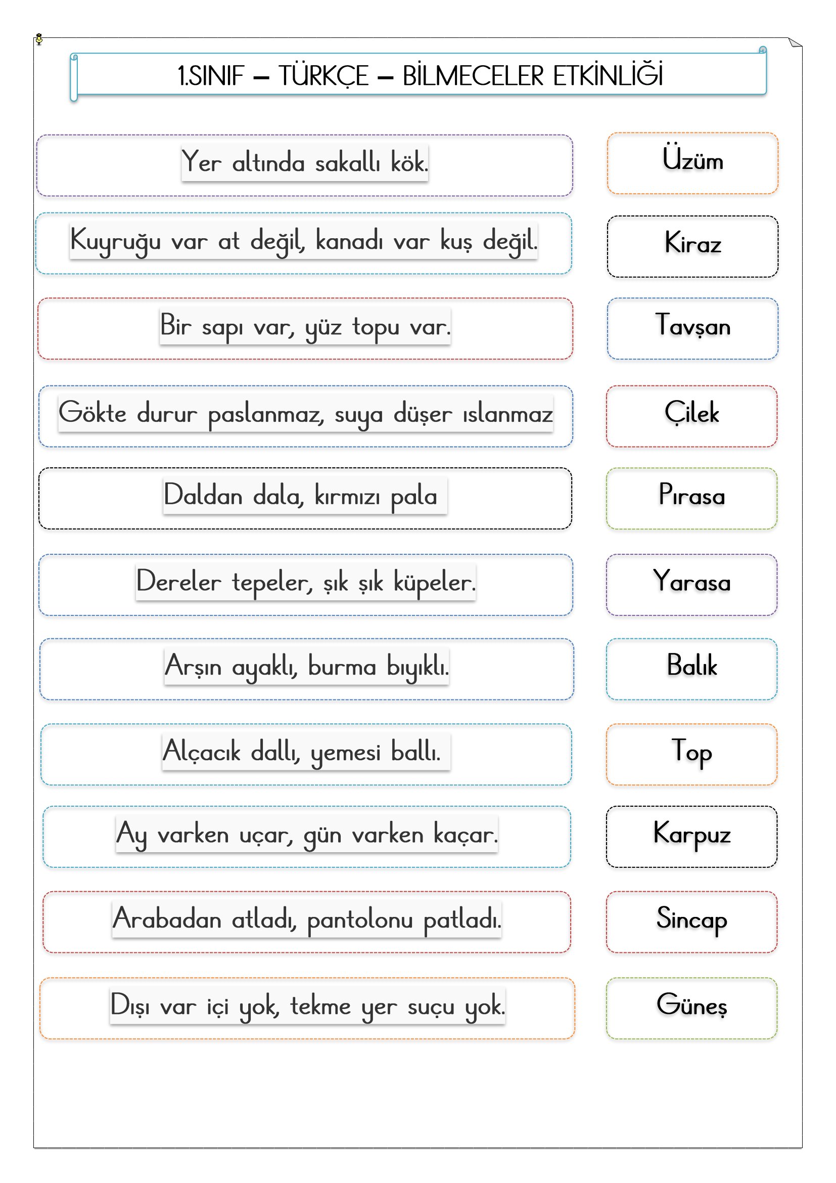 1. Sınıf - Türkçe - Bilmeceler Etkinliği-2