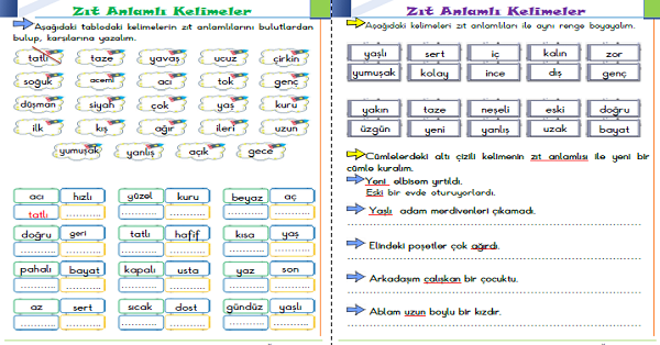 1. Sınıf Türkçe Zıt Anlamlı Kelimeler-7
