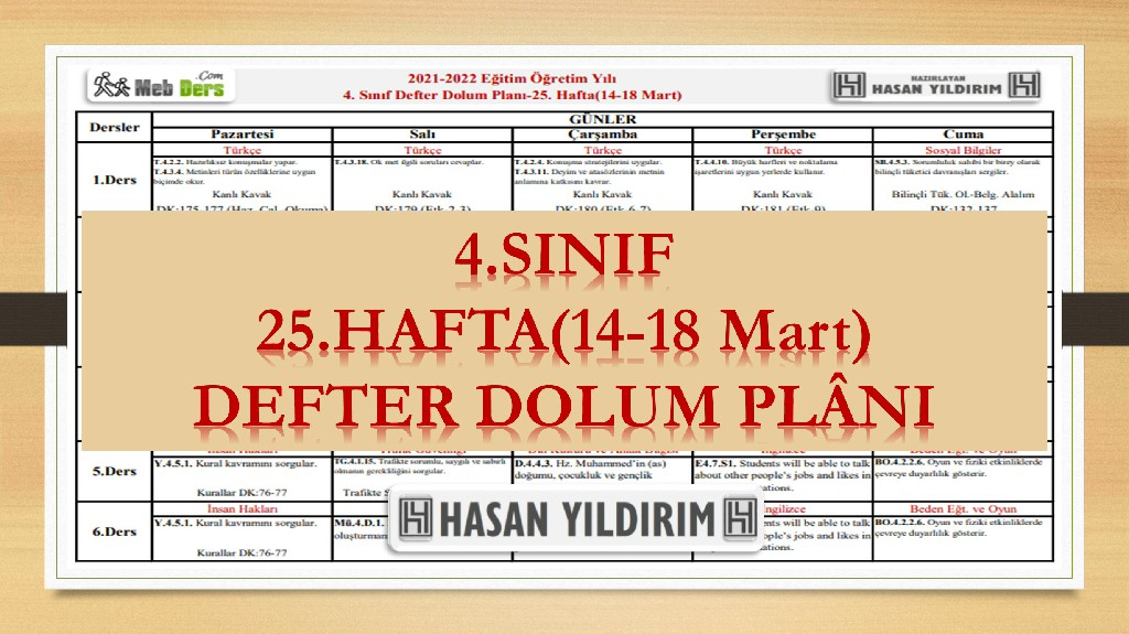 4. Sınıf 25.Hafta(14-18 Mart) Defter Dolum Planı