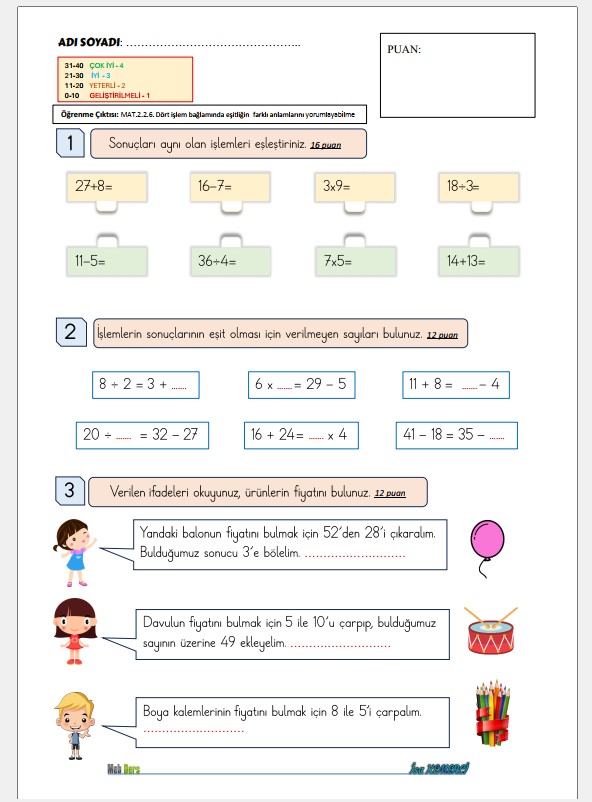 2. Sınıf Matematik Eşitlik SÜREÇ DEĞERLENDİRME