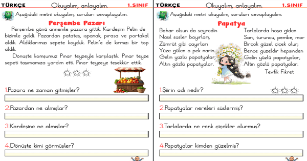 1. Sınıf İlk Okuma Yazma P Sesi Okuma Anlama Etkinliği