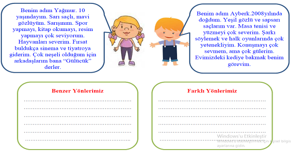4. Sınıf Sosyal Bilgiler Farkındayım, Farklılıklara Saygılıyım Etkinliği