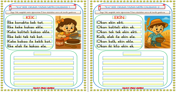 1. Sınıf İlk Okuma Yazma K-k Sesi Okuma Yazma Metin Çalışması (2 Sayfa)