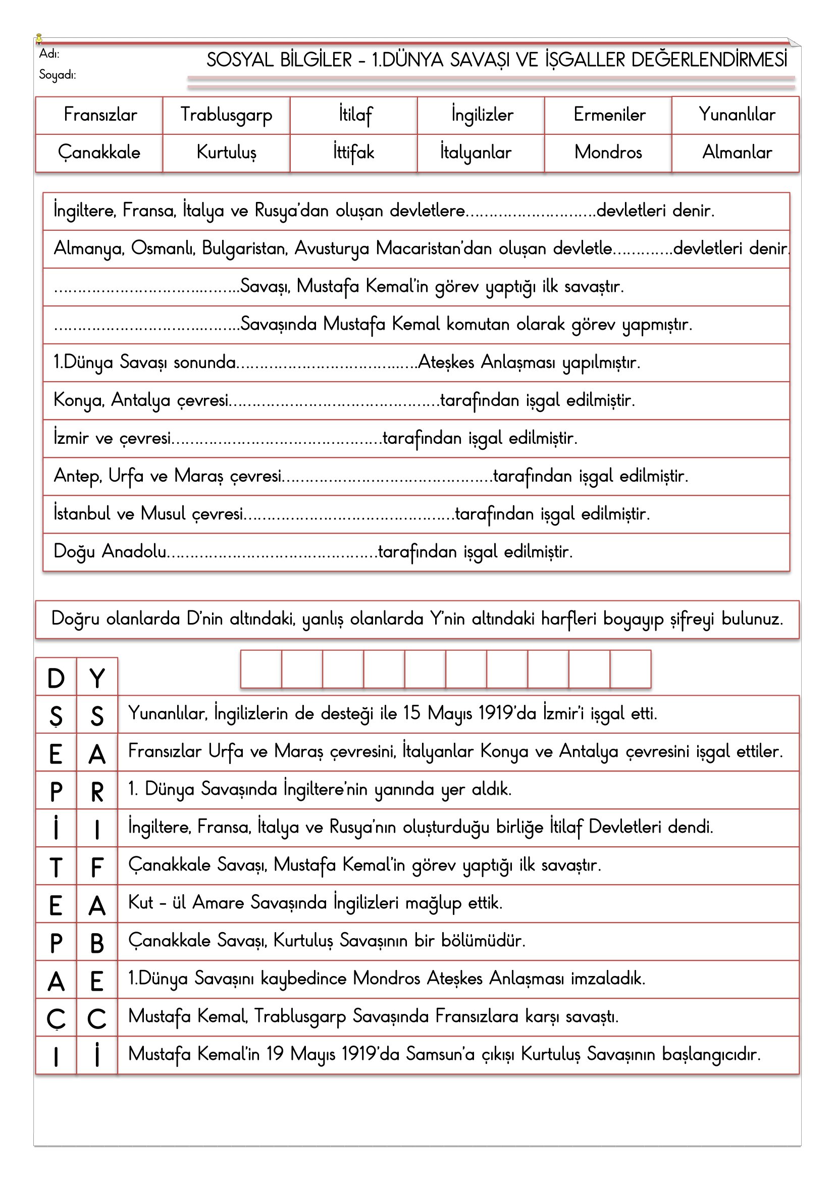 4. Sınıf - Sosyal Bilgiler Kurtuluş Destanı Değerlendirmesi-1