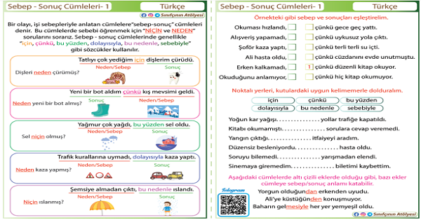4. Sınıf Türkçe Sebep-Sonuç Cümleleri