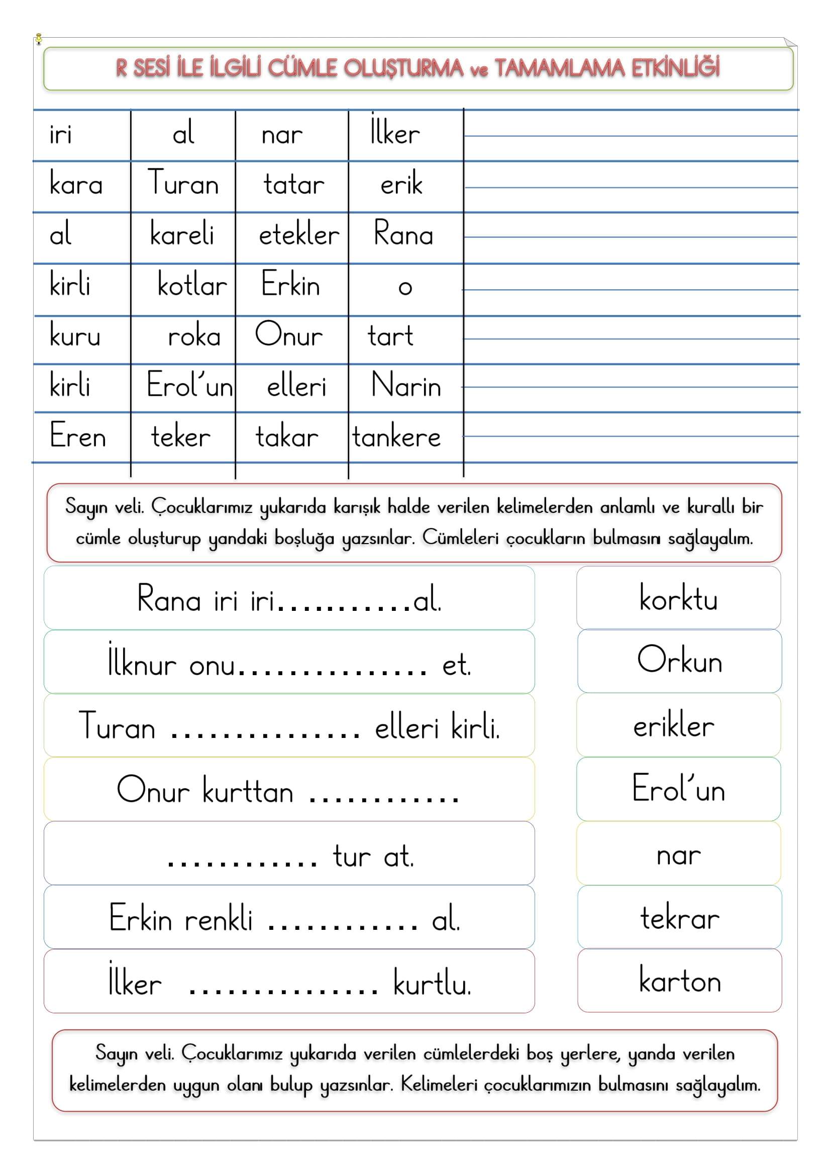 1. Sınıf R Sesi Cümle Oluşturma ve Tamamlama Etkinliği