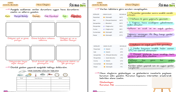 4. Sınıf Sosyal Bilgiler Hava Durumu Çalışma Sayfası (2 Sayfa)
