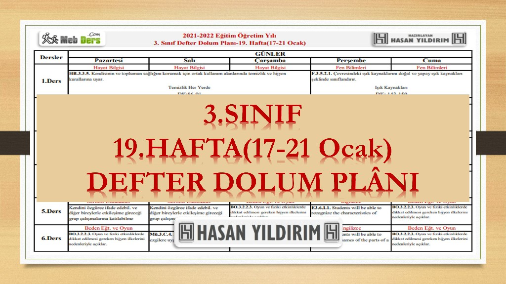 3. Sınıf 19.Hafta(17-21 Ocak) Defter Dolum Planı