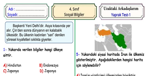 4. Sınıf Sosyal Bilgiler Uzaktaki Arkadaşlarım Yaprak Test 1
