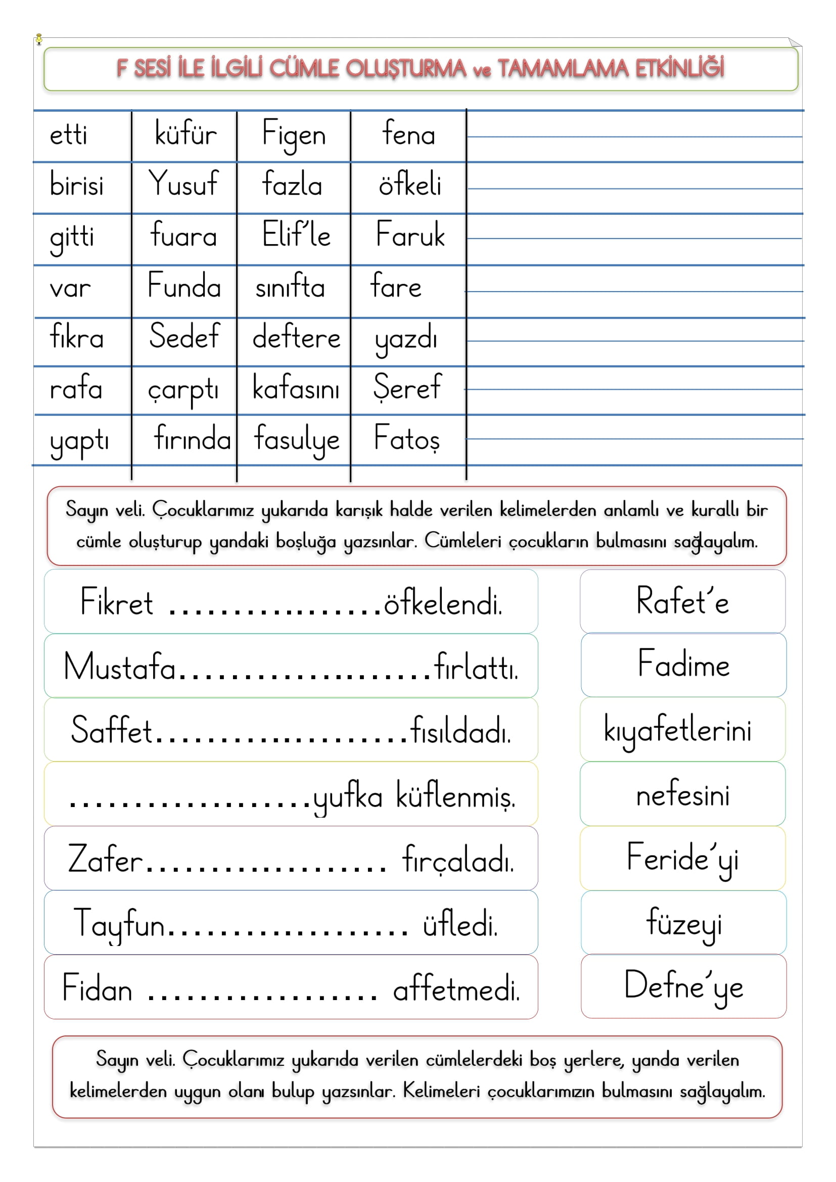 1. Sınıf İlk Okuma Yazma F Sesi Cümle Oluşturma ve Tamamlama Etkinliği