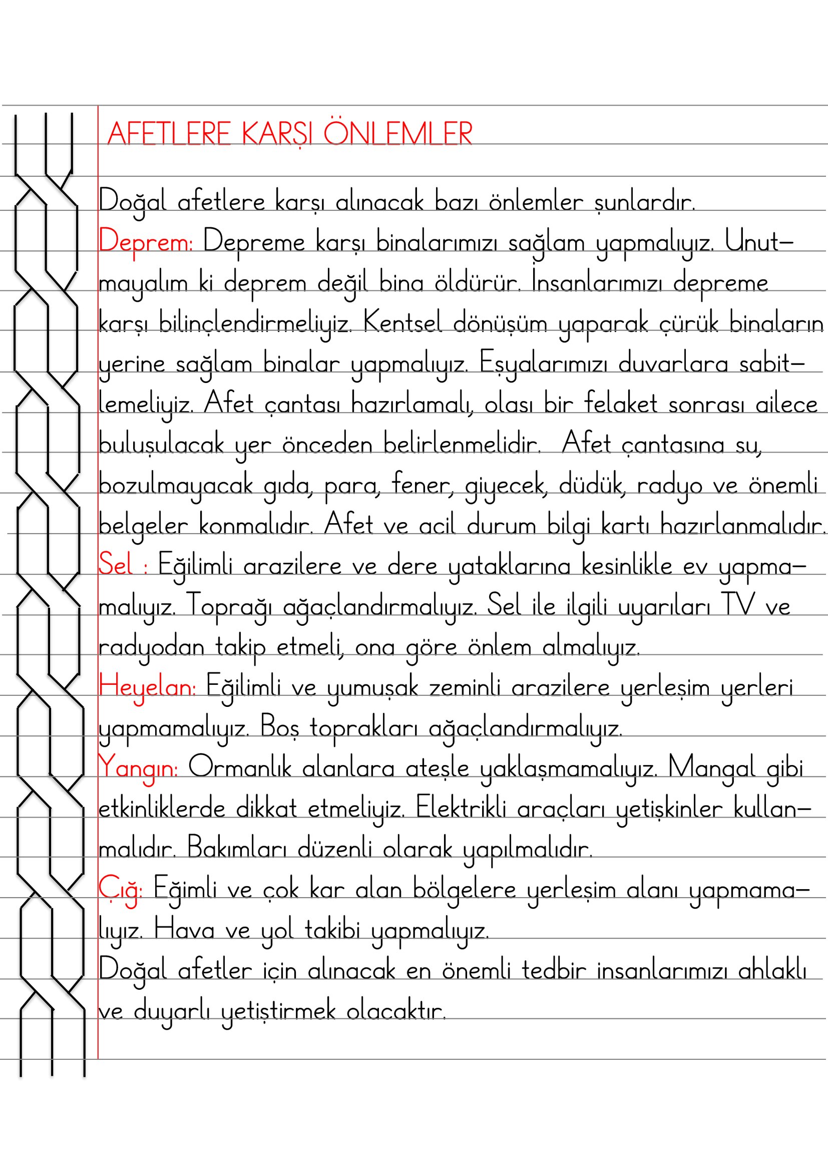 2. Sınıf - Hayat Bilgisi Afetlere Karşı Önlemler Defter Özeti