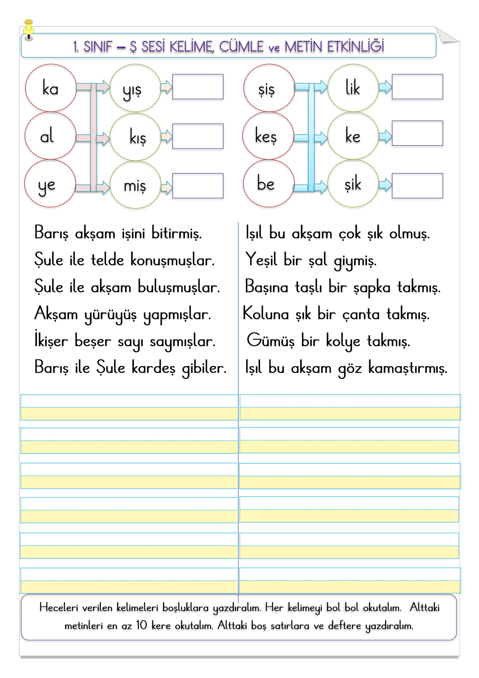 1. Sınıf İlk Okuma Yazma Ş Sesi Kelime, Cümle Ve Metin Etkinliği