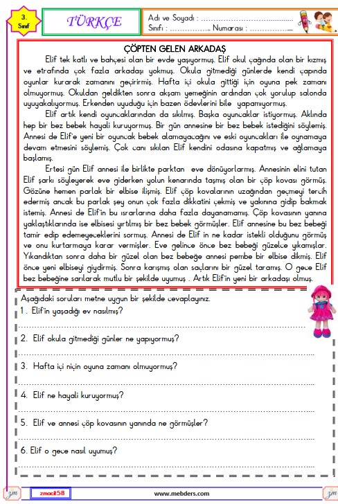 3. Sınıf Türkçe Okuma ve Anlama Metni Etkinliği 7 (Çöpten Gelen Arkadaş)