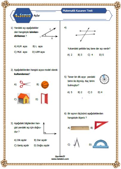 4. Sınıf Matematik Açılar  Kazanım Testi