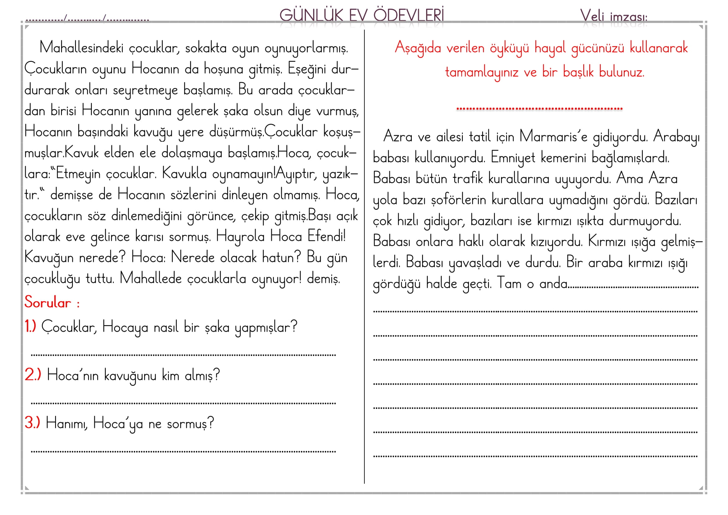 1. Sınıf 15 Nisan 2025 Günlük Ev Ödevi