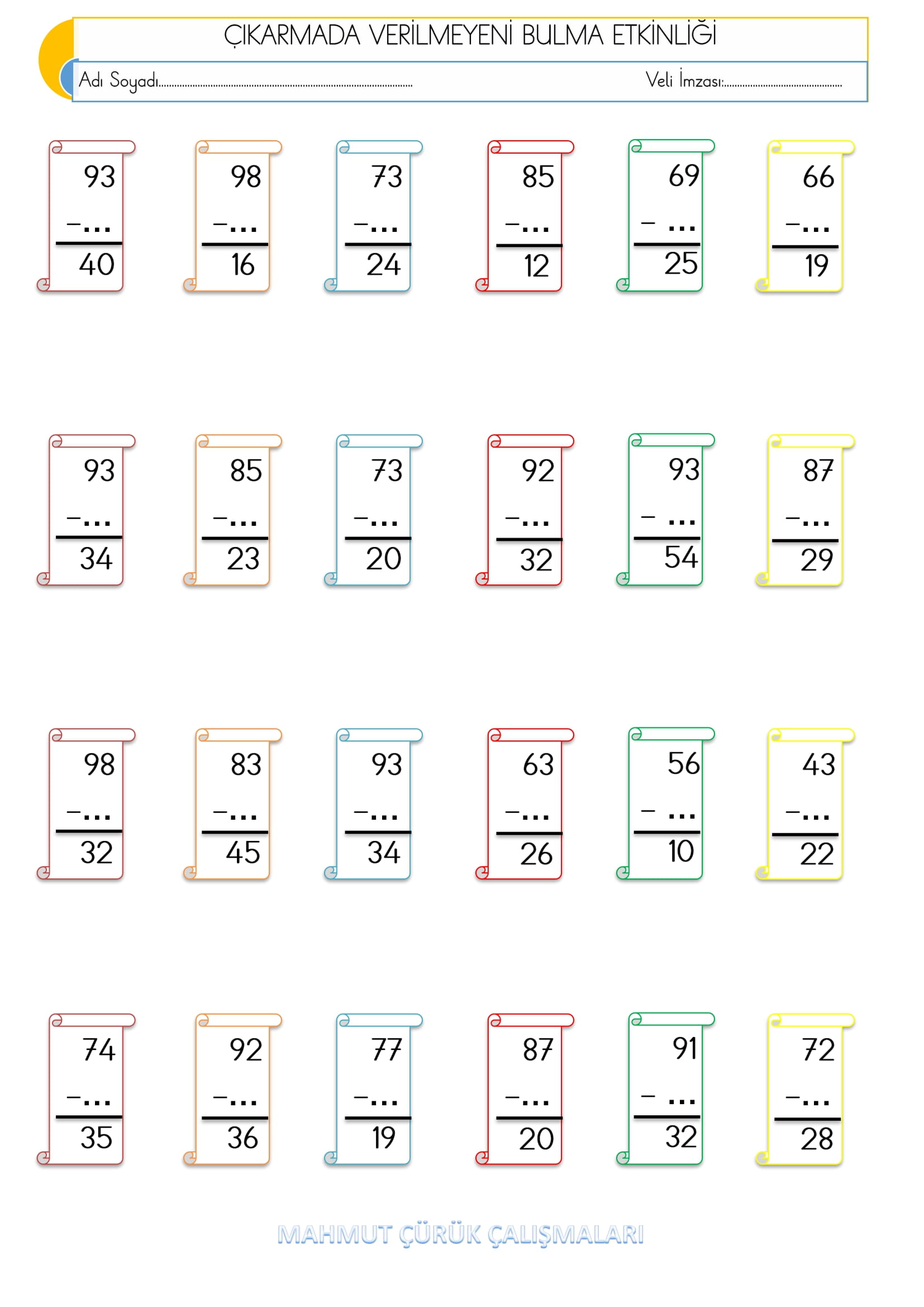 2. Sınıf - Matematik - Çıkarmada Verilmeyeni Bulma Etkinliği-1